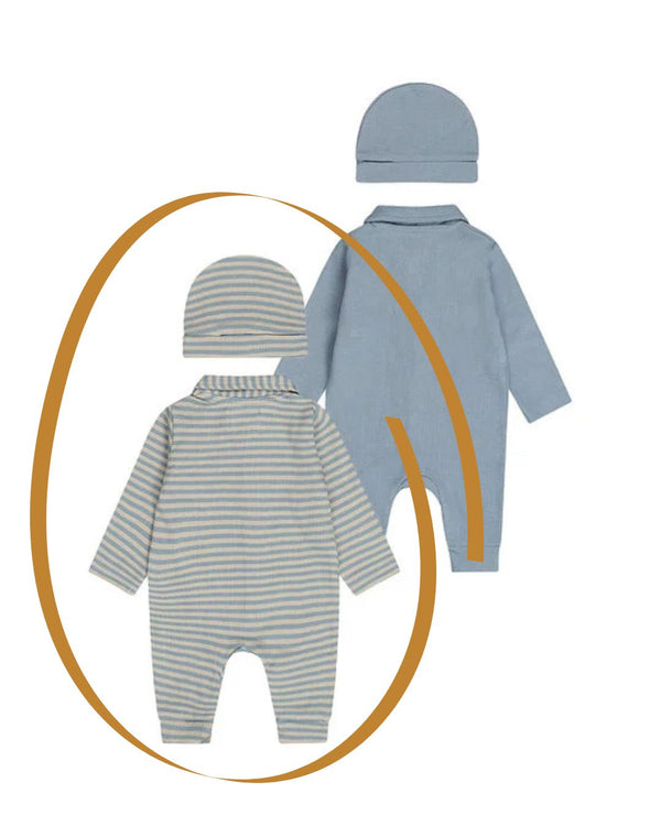 Dirkje boys' baby set romper hat blue sand striped