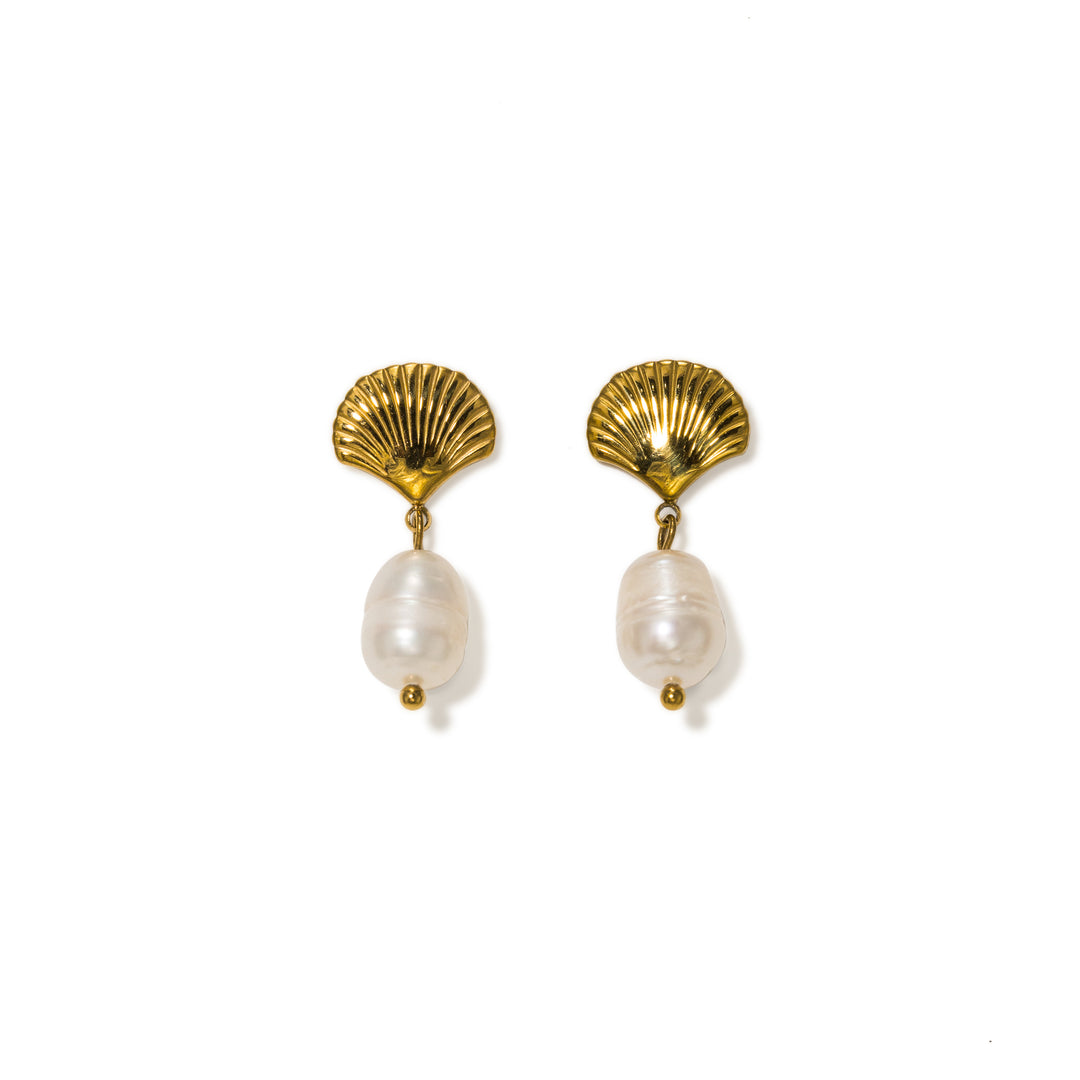 Shell & Pearl Drop Earrings - Gold