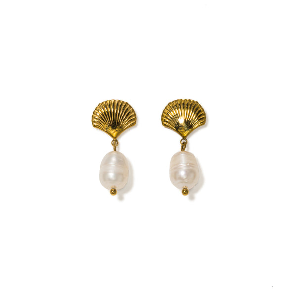 Shell & Pearl Drop Earrings - Gold