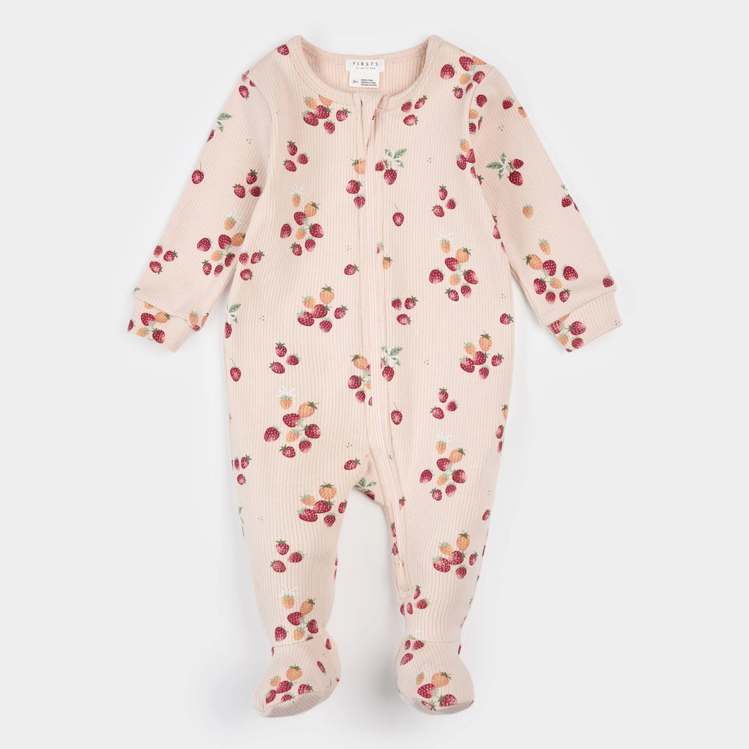 Strawberry Print on Soft Pink Ribbed Sleeper