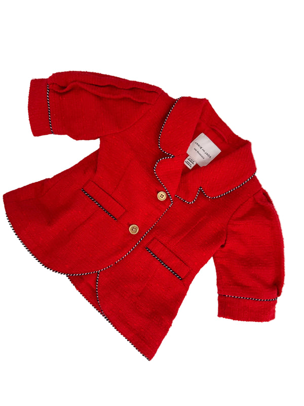 A red tweed jacket for toddlers, featuring scalloped edges, decorative black trim, and gold buttons, laid flat on a white background.