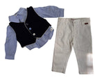 Load image into Gallery viewer, A children's clothing set laid flat on a light surface, including a light blue long-sleeve shirt, a navy vest with white trim and buttons, and off-white pants.
