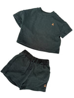 Load image into Gallery viewer, A two-piece children's outfit set consisting of a dark gray ribbed knit sleeveless top and matching shorts, laid flat on a white background.
