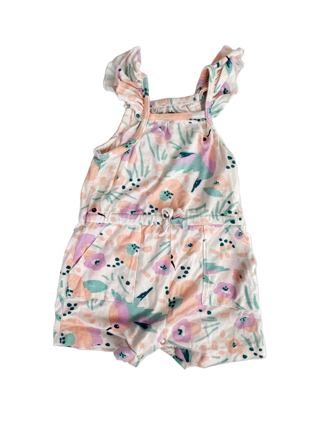 A sleeveless baby top with ruffled shoulder straps and a button-up front, featuring a pastel floral and leaf print on a white background.