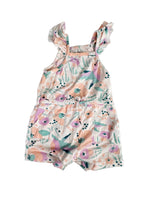 Load image into Gallery viewer, A sleeveless baby top with ruffled shoulder straps and a button-up front, featuring a pastel floral and leaf print on a white background.
