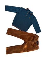 Load image into Gallery viewer, A toddler clothing set consisting of a navy blue knit polo shirt with orange striped collar and cuffs, and brown corduroy pants, laid flat on a white background.
