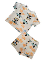 Load image into Gallery viewer, A two-piece baby clothing set featuring a short-sleeve top and matching shorts with an all-over Mickey Mouse and palm tree print on an off-white background.
