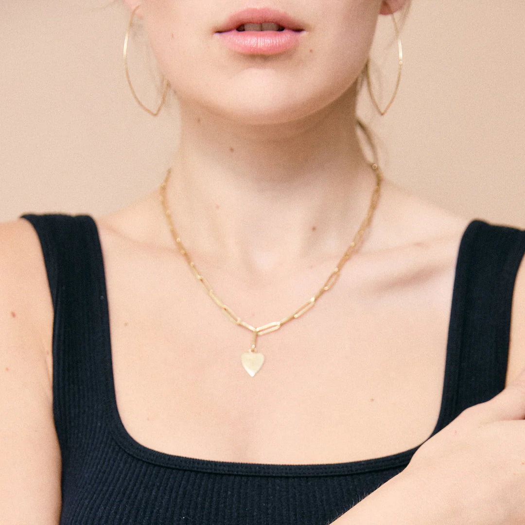 Gold Heart Drop Necklace — Paperclip Chain