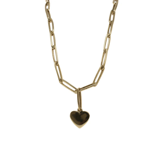 Gold Heart Drop Necklace — Paperclip Chain