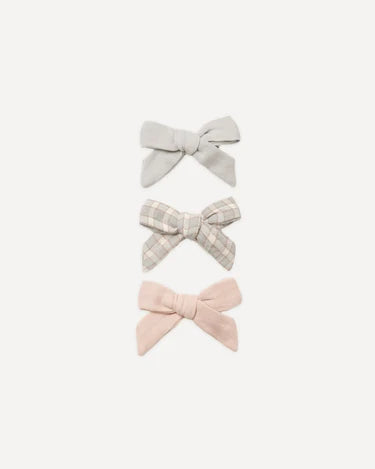 Quincy Mae Bow Clip, Set Of 3 – Cloud, Blue Gingham + Dusty Rose