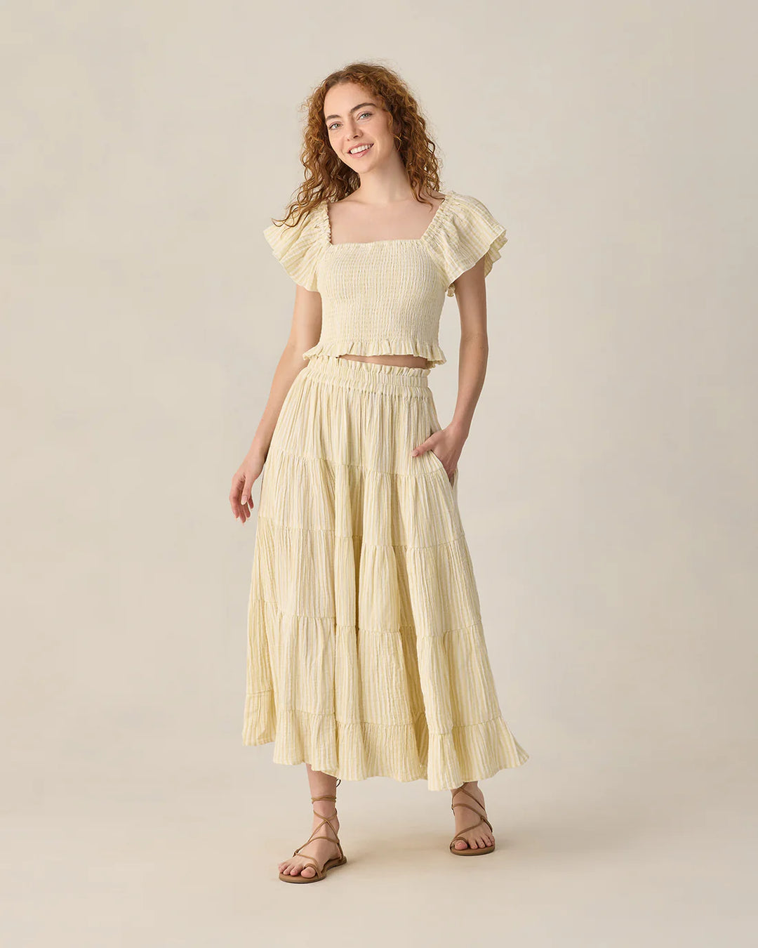 Women's Ruffle Tiered Maxi Skirt Citron Stripe