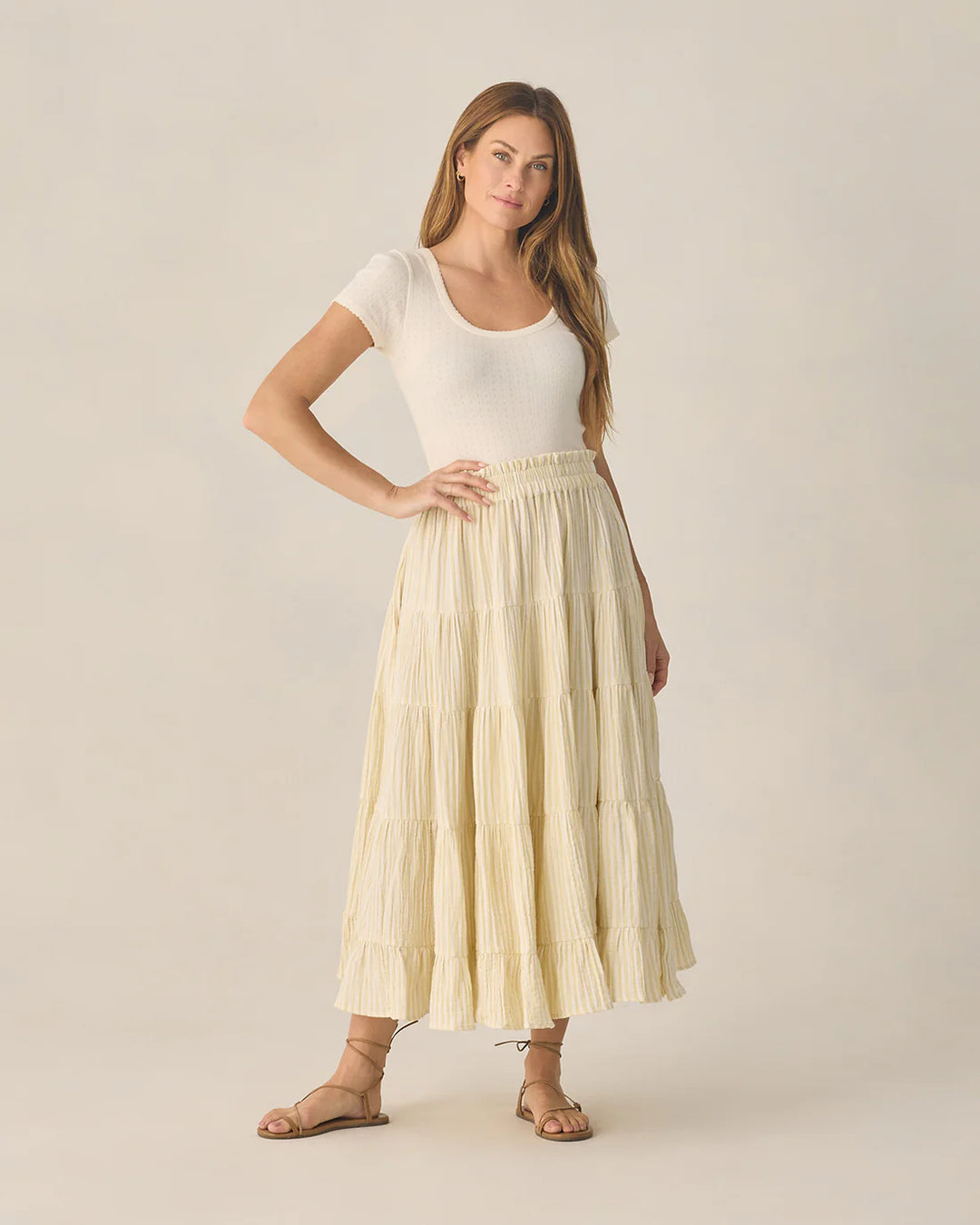 Women's Ruffle Tiered Maxi Skirt Citron Stripe