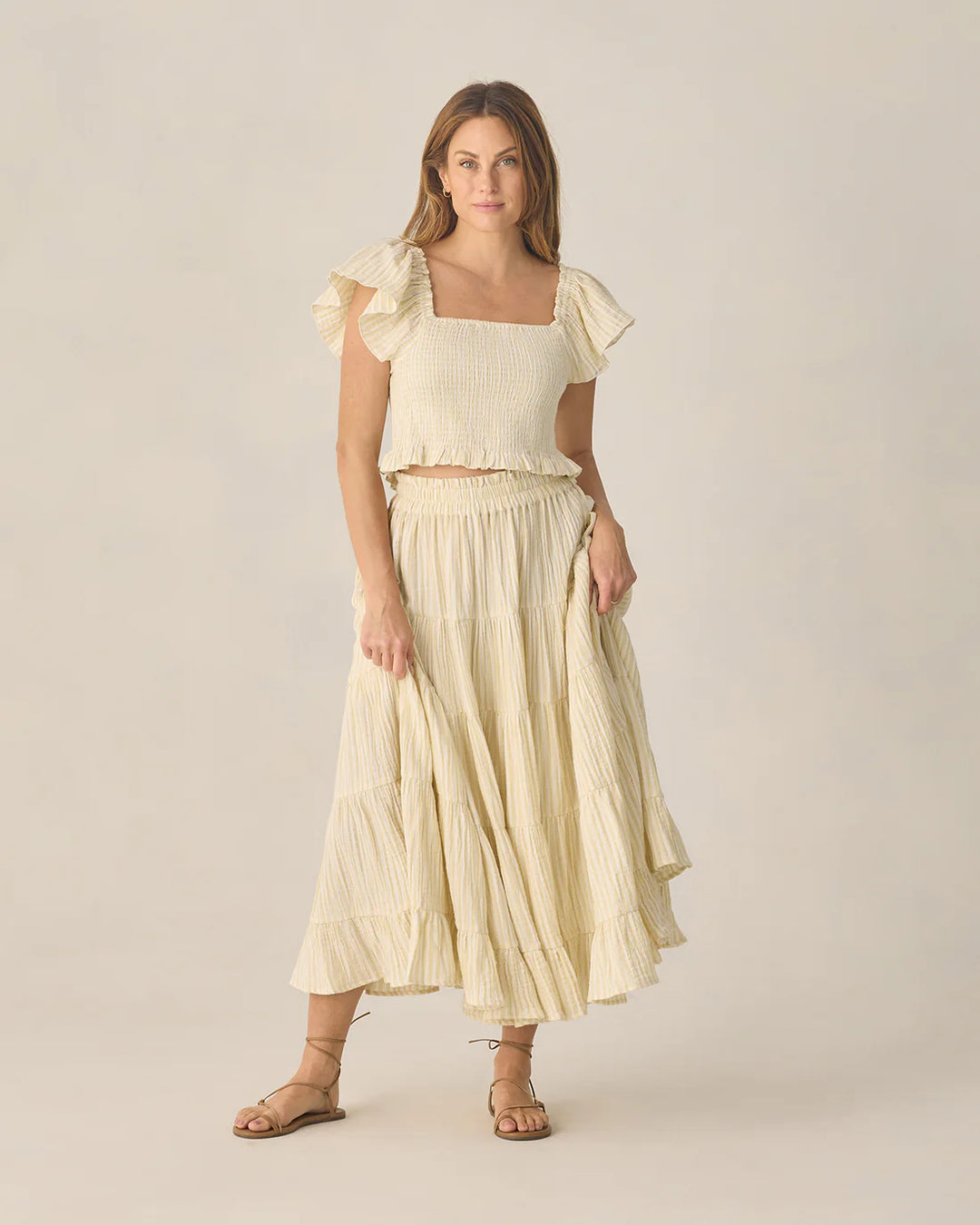 Women's Ruffle Tiered Maxi Skirt Citron Stripe