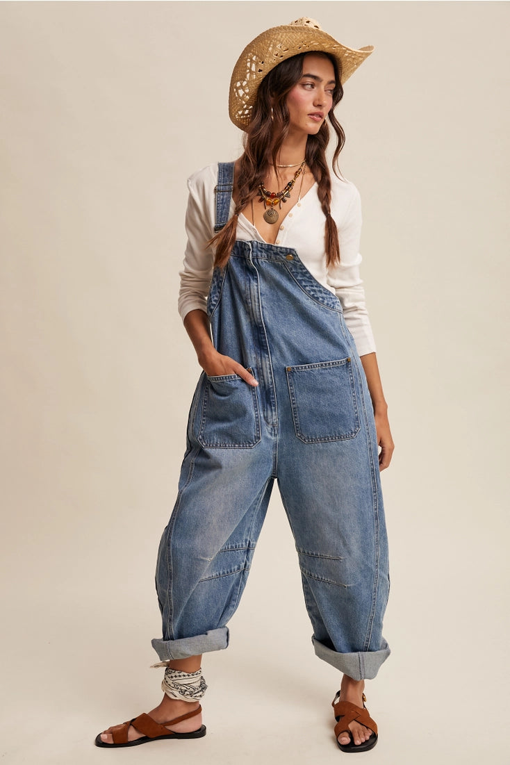 Western Wide-Leg Denim Overalls